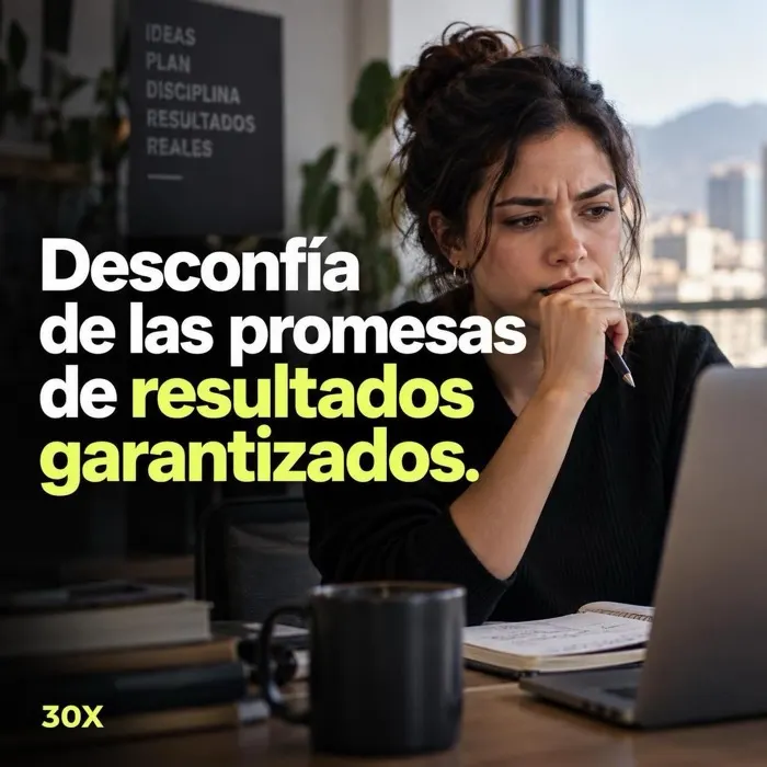 Post de 30X: Desconfía de las promesas de resultados garantizados, con la foto de una mujer pensativa frente a su computadora