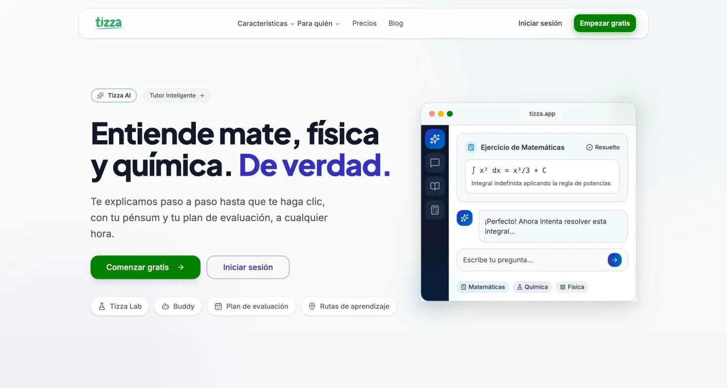 Pantalla de Tizza: un estudiante resolviendo un ejercicio con el tutor de IA